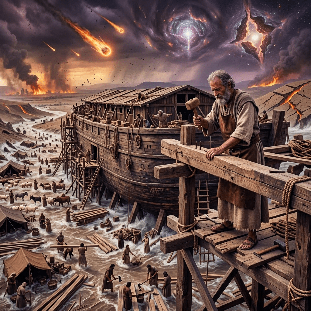Elderly man in apron hammering wood on a scaffold beside a large wooden ark under stormy sky
