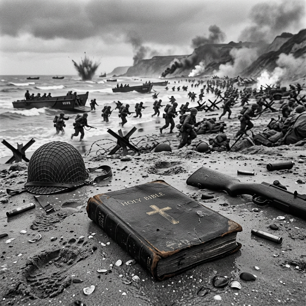 Soldiers landing on a beach under heavy fire with explosions, barbed wire, a discarded helmet, rifle, and a worn Holy Bible in the foreground