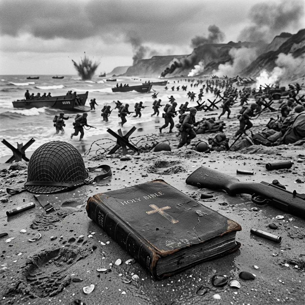 Soldiers landing on a beach under heavy fire with explosions, barbed wire, a discarded helmet, rifle, and a worn Holy Bible in the foreground