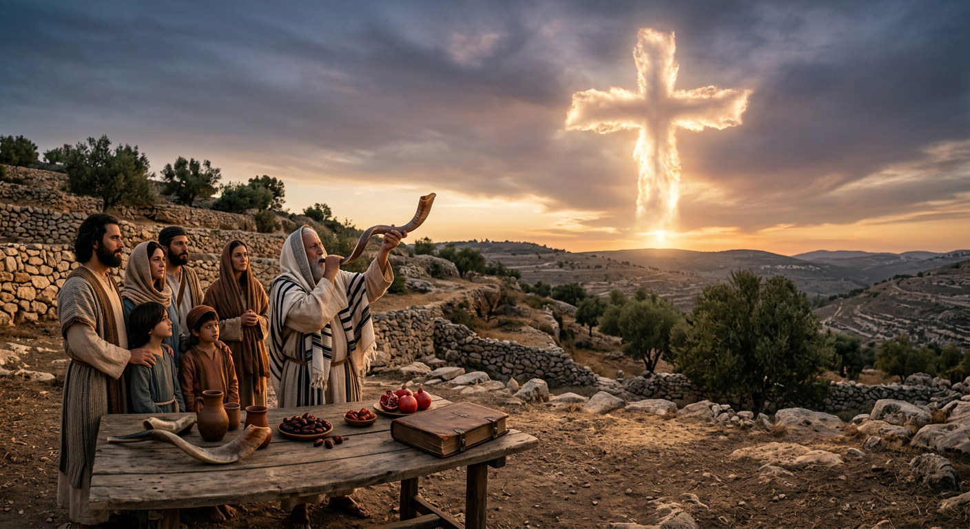 Group of people in ancient attire with elder blowing a shofar facing a glowing cross-shaped cloud at sunset