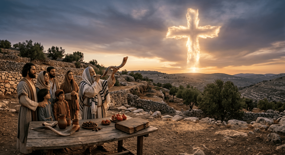 Group of people in ancient attire with elder blowing a shofar facing a glowing cross-shaped cloud at sunset
