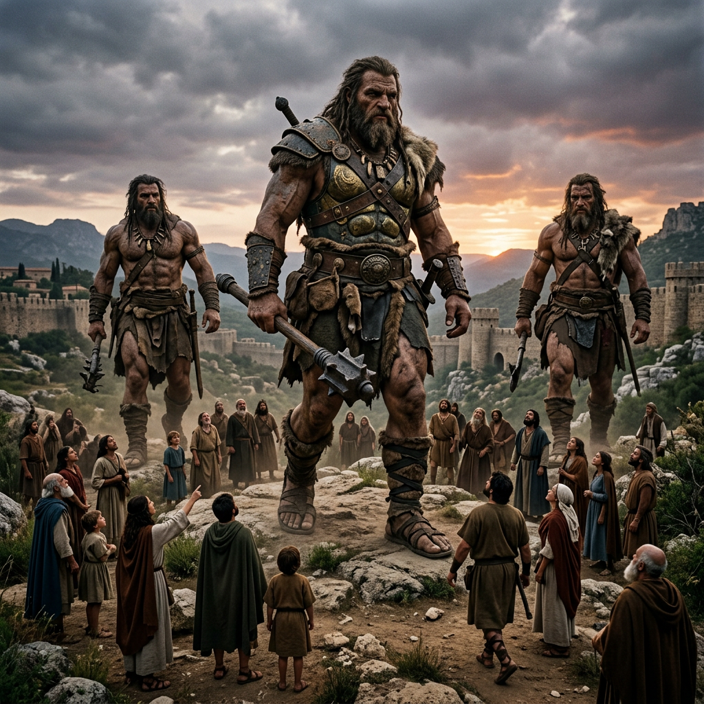 Three giant bearded warriors in armor and primitive clothing surrounded by villagers near a stone fortress at sunset