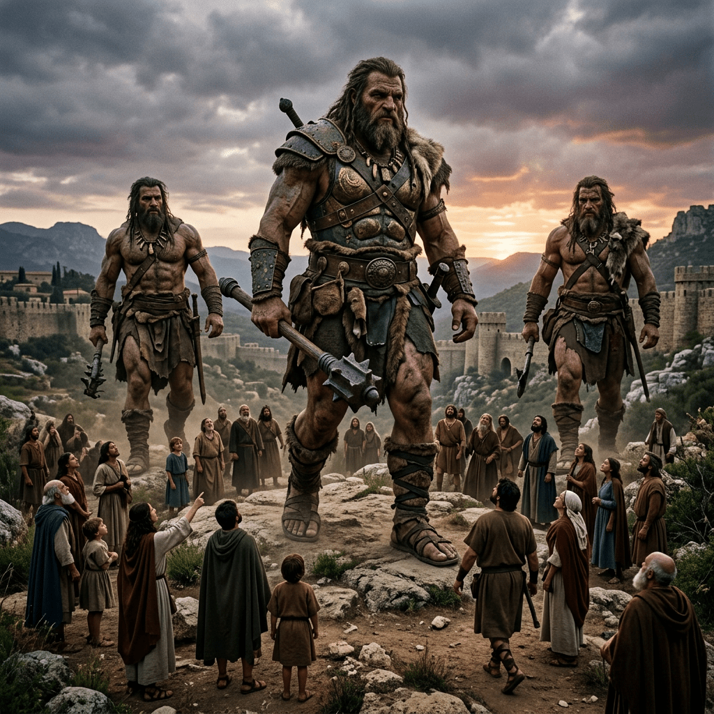 Three giant bearded warriors in armor and primitive clothing surrounded by villagers near a stone fortress at sunset