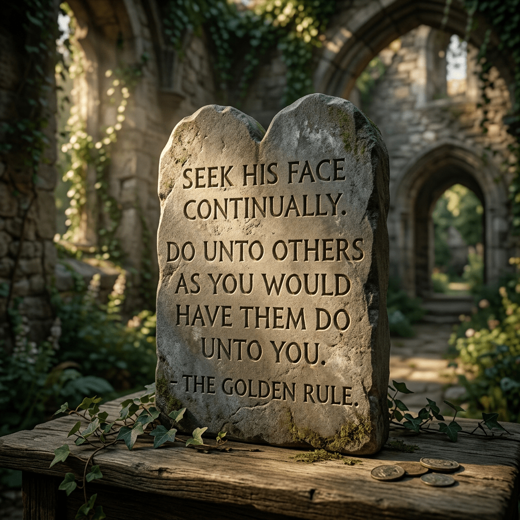 Stone tablet engraved with 'Seek His face continually. Do unto others as you would have them do unto you. - The Golden Rule.'