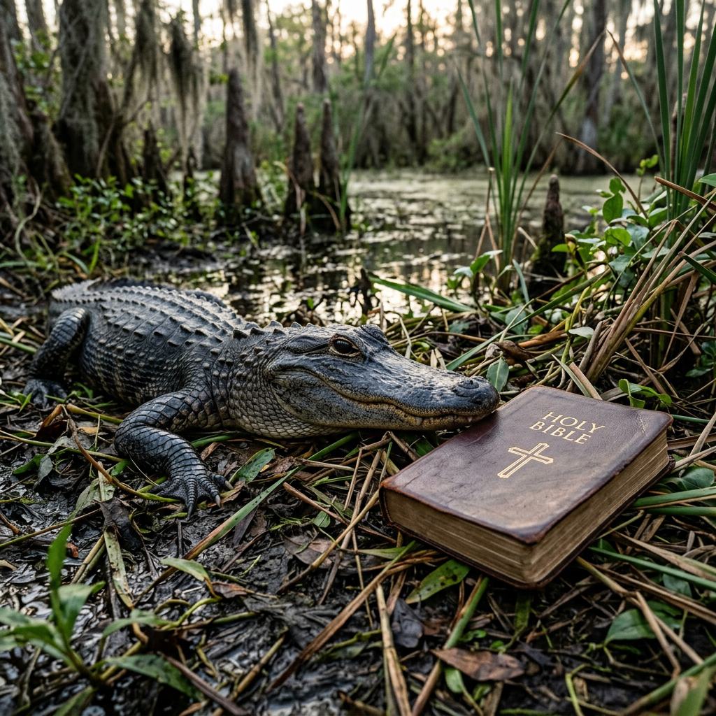 Alligator lying in a swamp next to a Holy Bible book