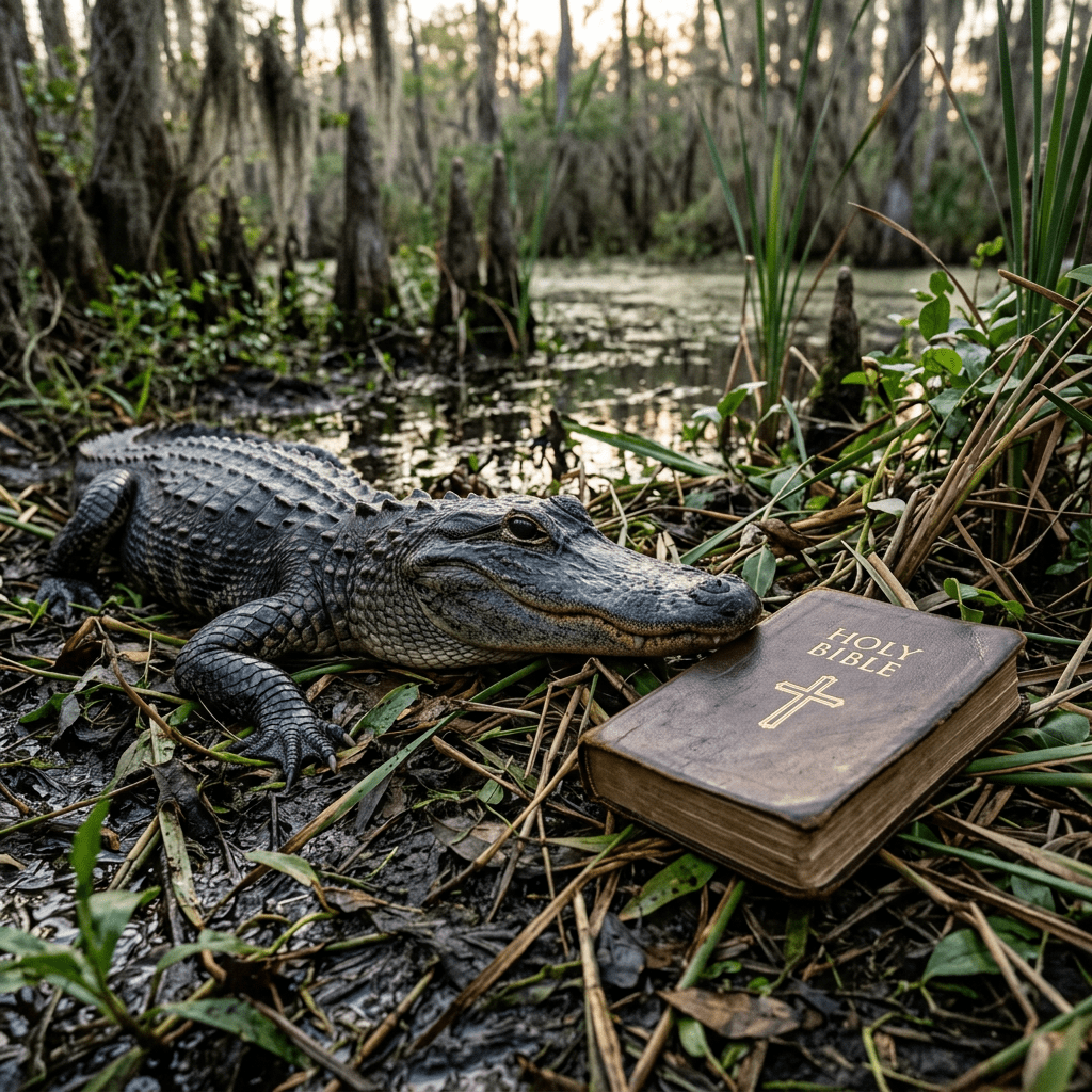 Alligator lying in a swamp next to a Holy Bible book