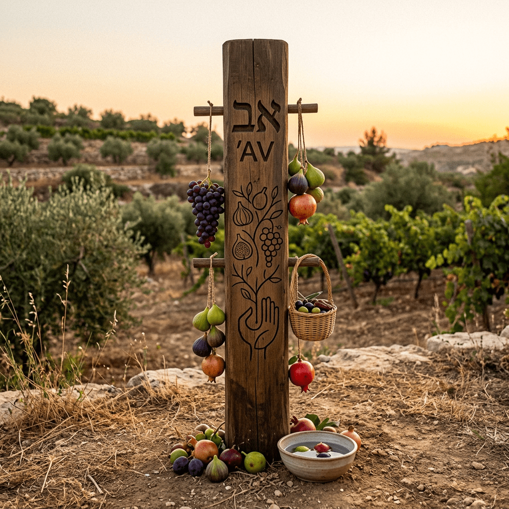Wooden post with Hebrew letters, fruits hanging and placed around it in a vineyard at sunset