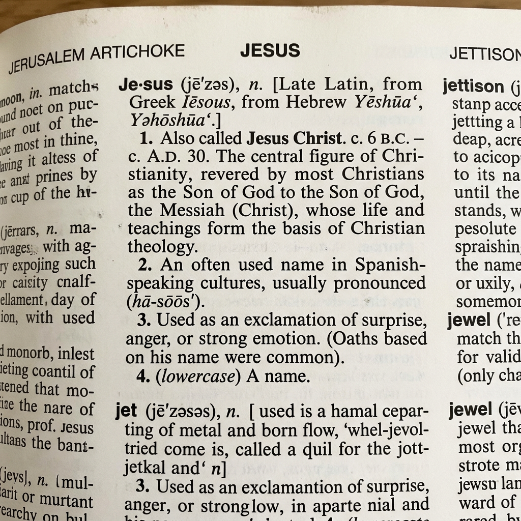 Dictionary page showing the word Jesus with definition including its origin and uses