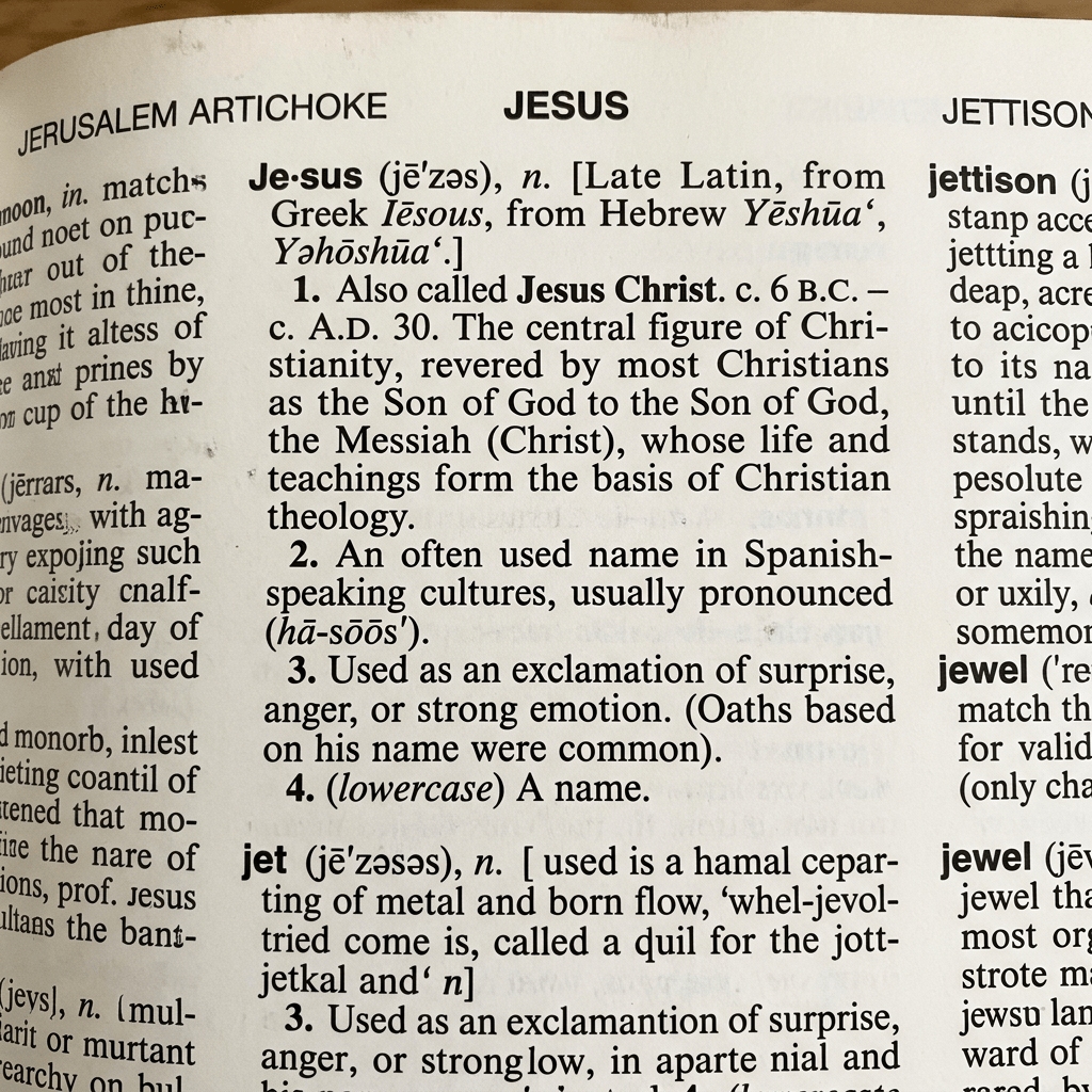Dictionary page showing the word Jesus with definition including its origin and uses