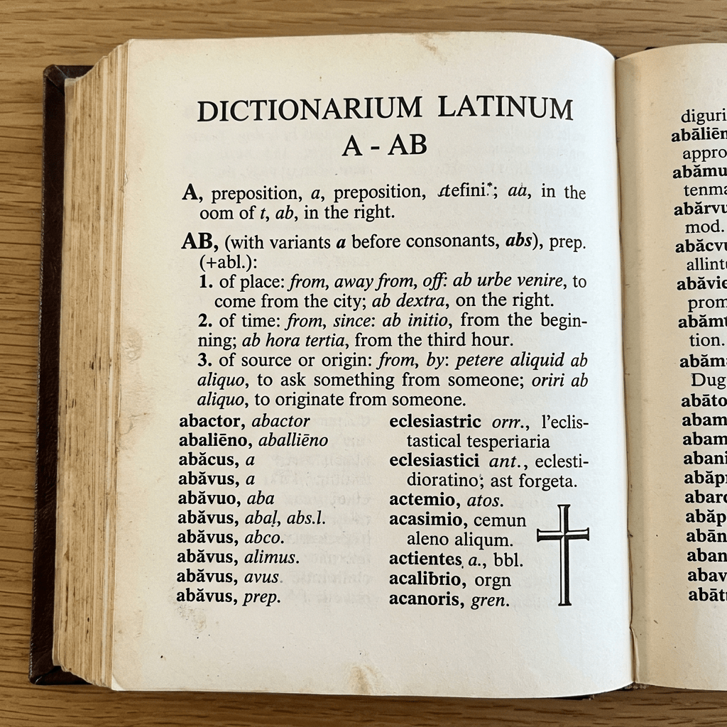 Latin dictionary page defining prepositions 'A' and 'AB' with examples and related words.