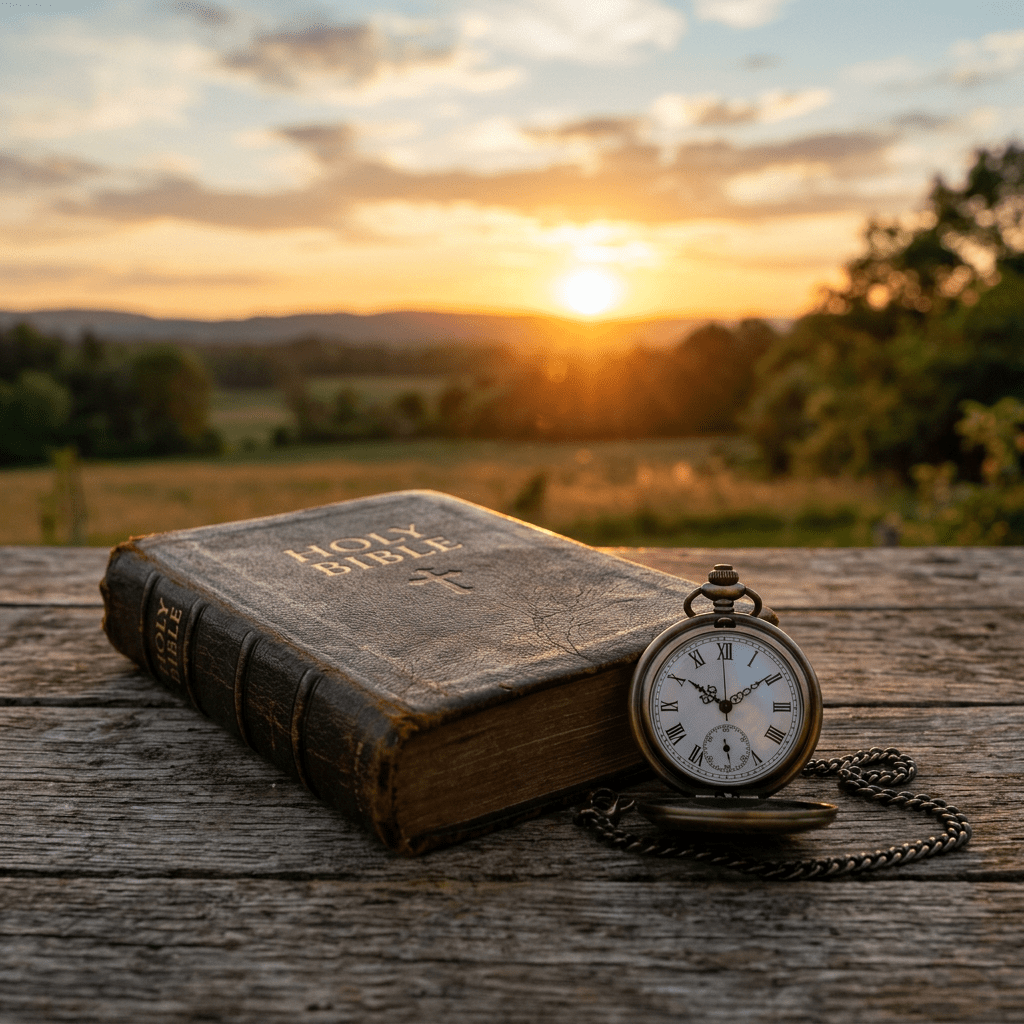 Worn Holy Bible and open pocket watch on wooden table during sunset