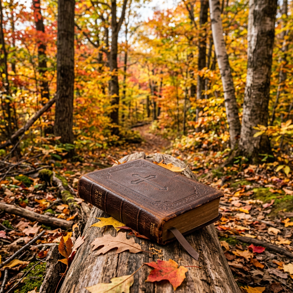 Leather-bound Holy Bible on log with autumn leaves in forest