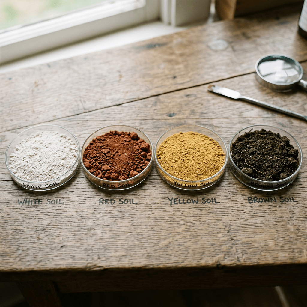 Petri dishes with white, red, yellow, and brown soil samples on a wooden surface