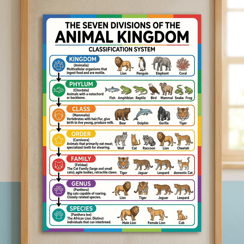 Chart showing the seven divisions of the animal kingdom with examples of animals in each classification level