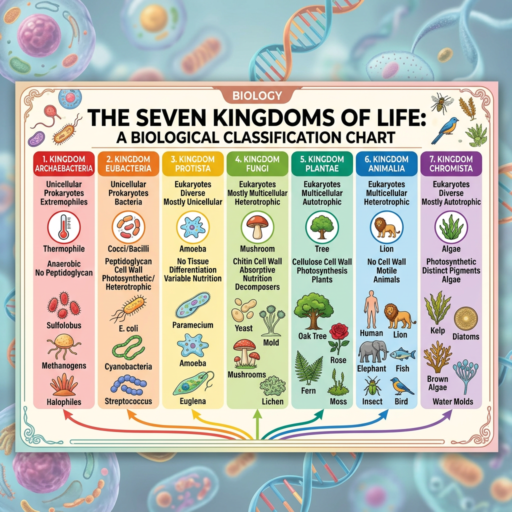 Classification chart showing seven kingdoms of life: Archaebacteria, Eubacteria, Protista, Fungi, Plantae, Animalia, Chromista with examples and traits