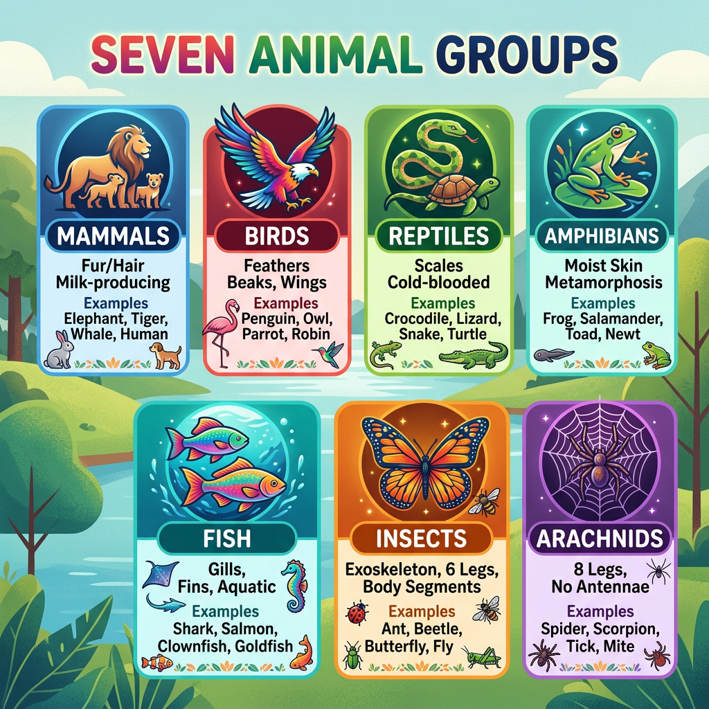 Seven animal groups with labeled icons