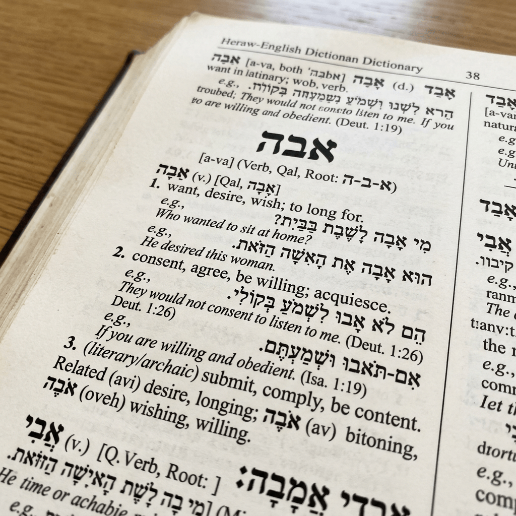 Dictionary page with Hebrew word אבה (Ava) and its English definitions and examples