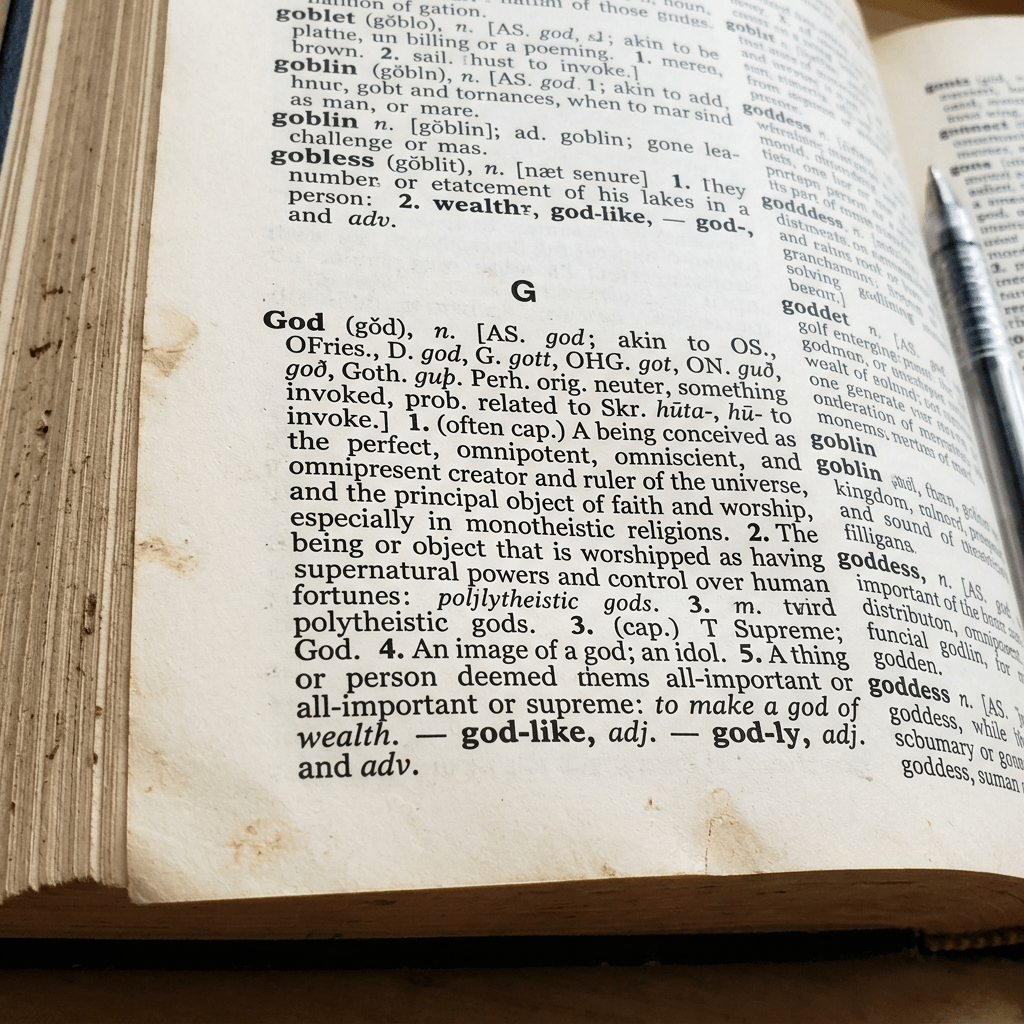 Dictionary definition entry for the word 'God' with historical origins and meanings.