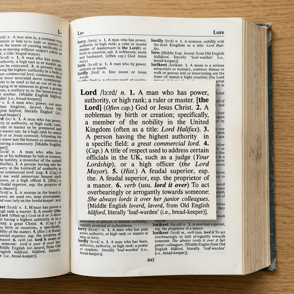 Dictionary page showing detailed definition of the word 'Lord' including noun and verb meanings