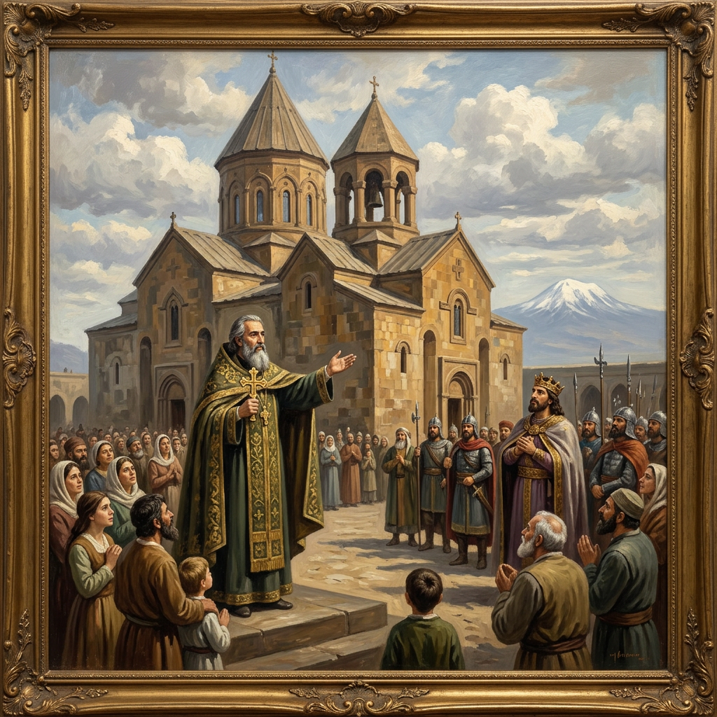 Priest speaking to a crowd outside a stone Armenian church with a king and soldiers nearby