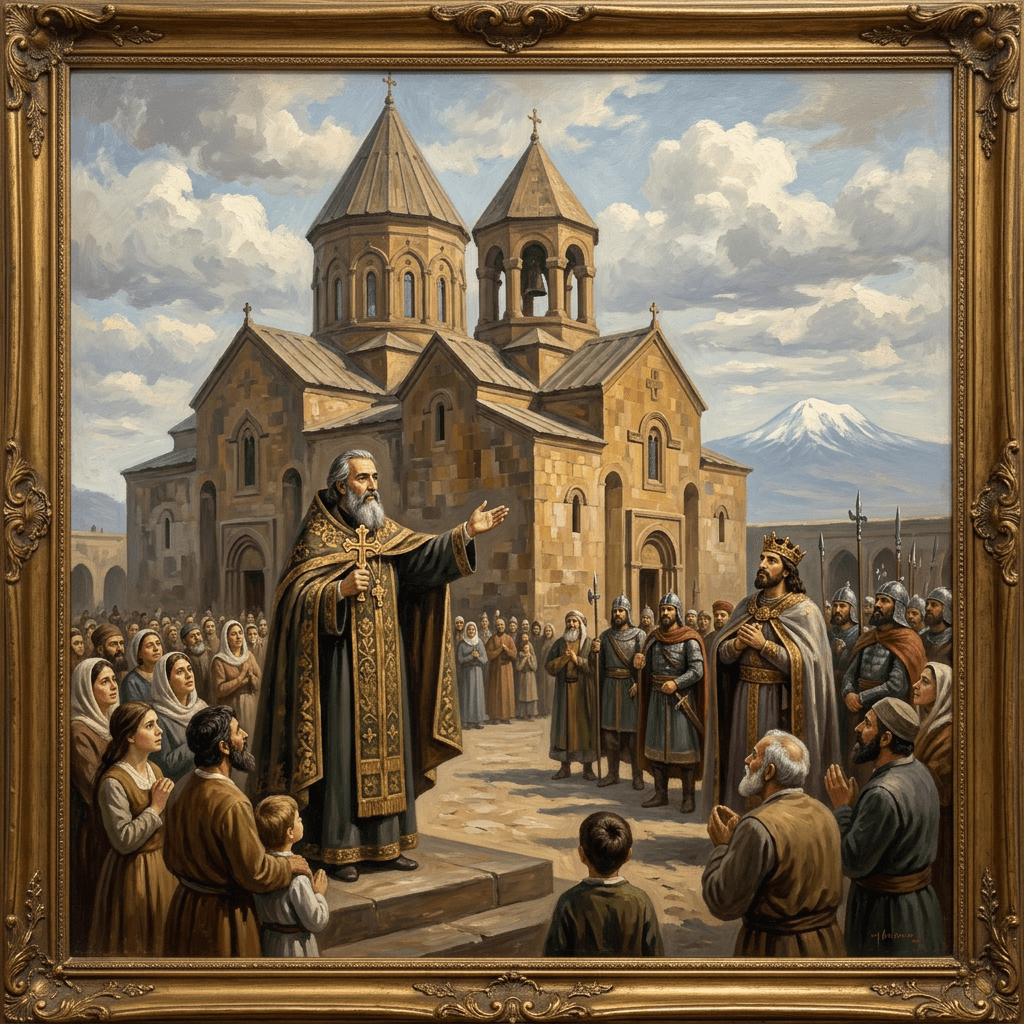 Priest speaking to a crowd outside a stone Armenian church with a king and soldiers nearby