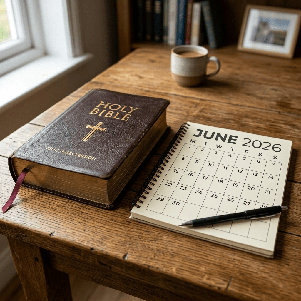 King James Version Holy Bible next to an October 2024 calendar with October 20th circled and labeled service 10AM
