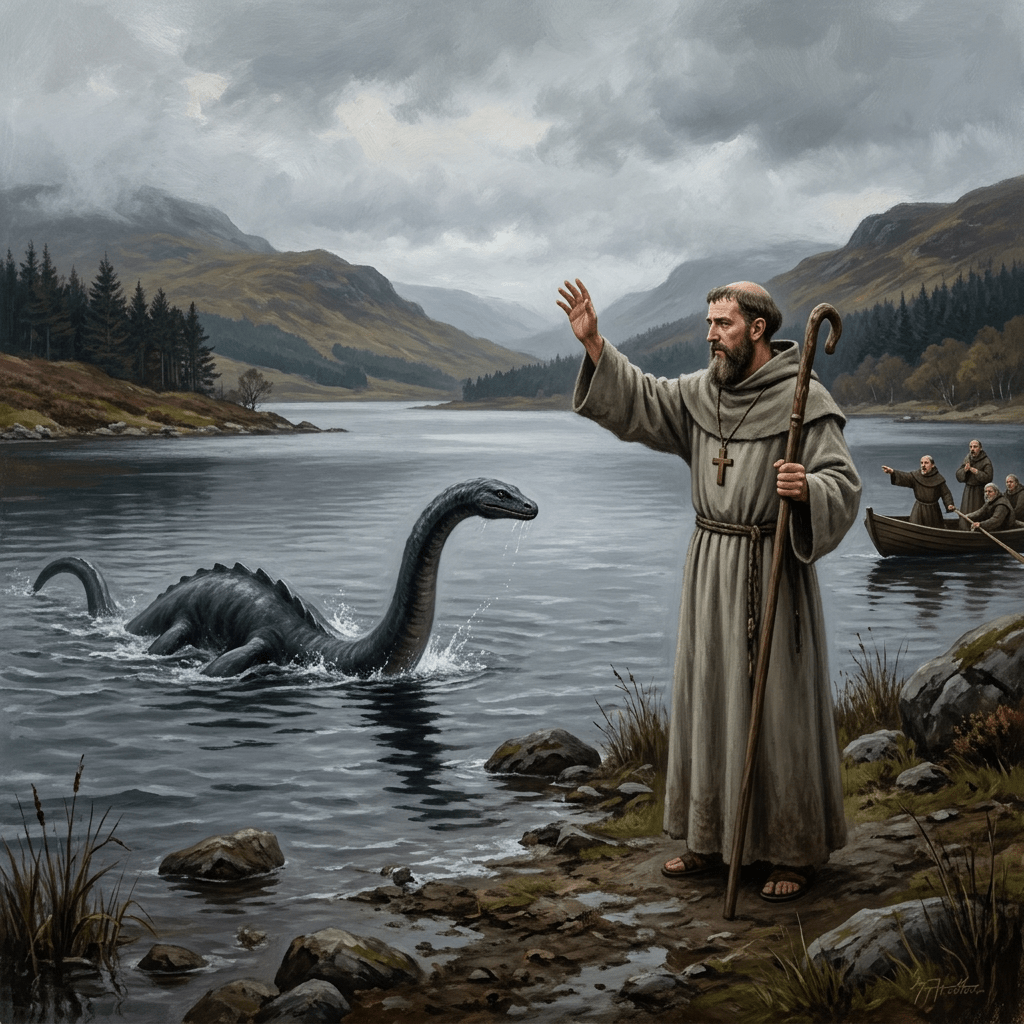 A robed saint with a staff gesturing towards the Loch Ness Monster emerging from a lake