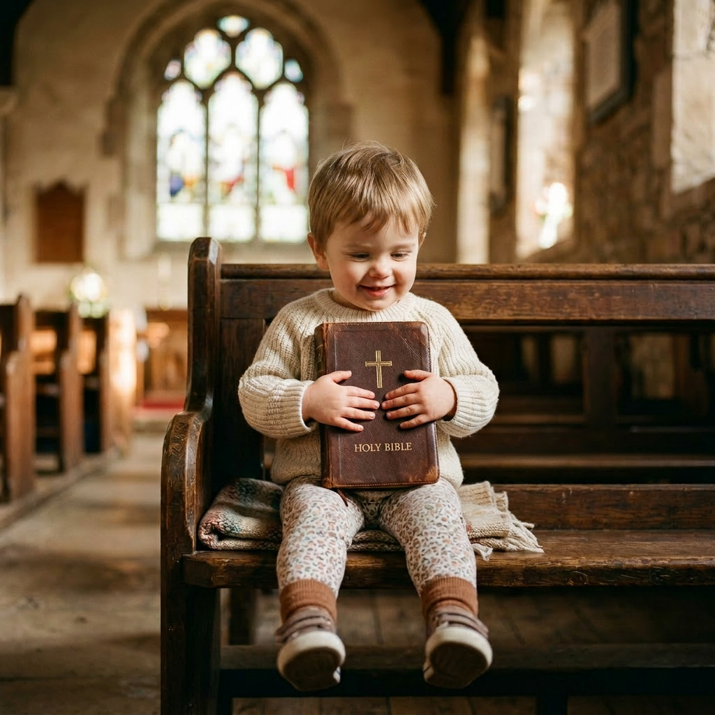 Toddler holding a Holy Bible while sitting on a wooden church pew