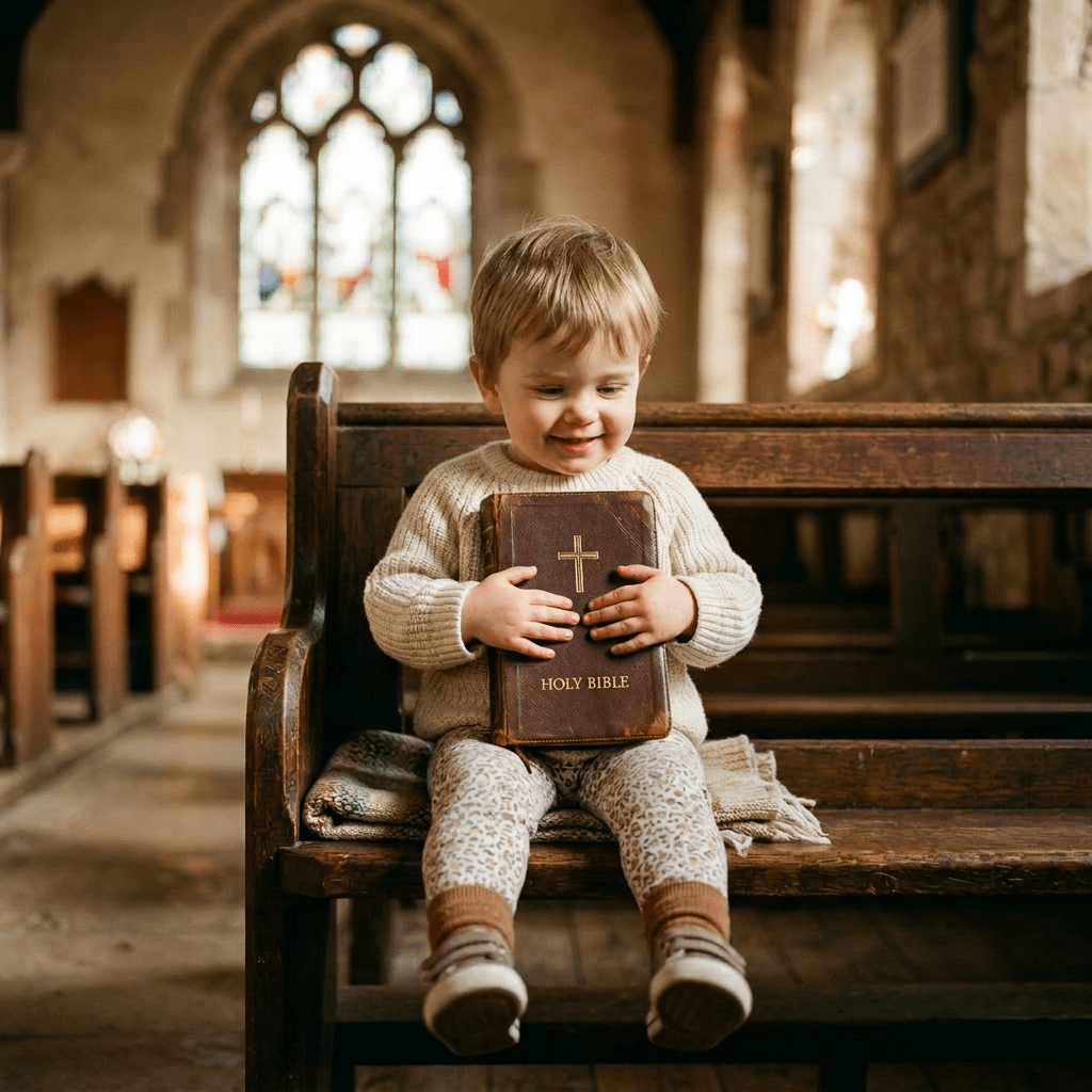 Toddler holding a Holy Bible while sitting on a wooden church pew