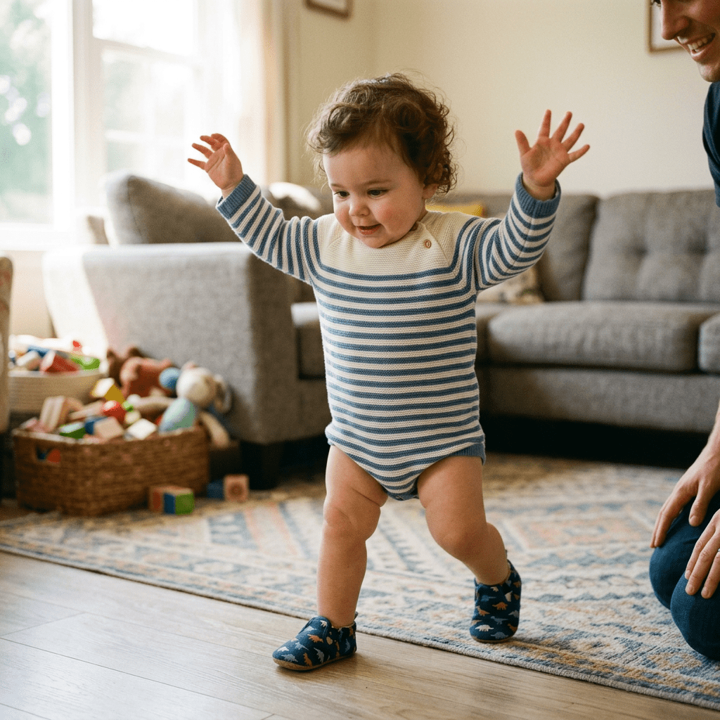 Toddler taking first steps indoors wearing a striped outfit and patterned socks