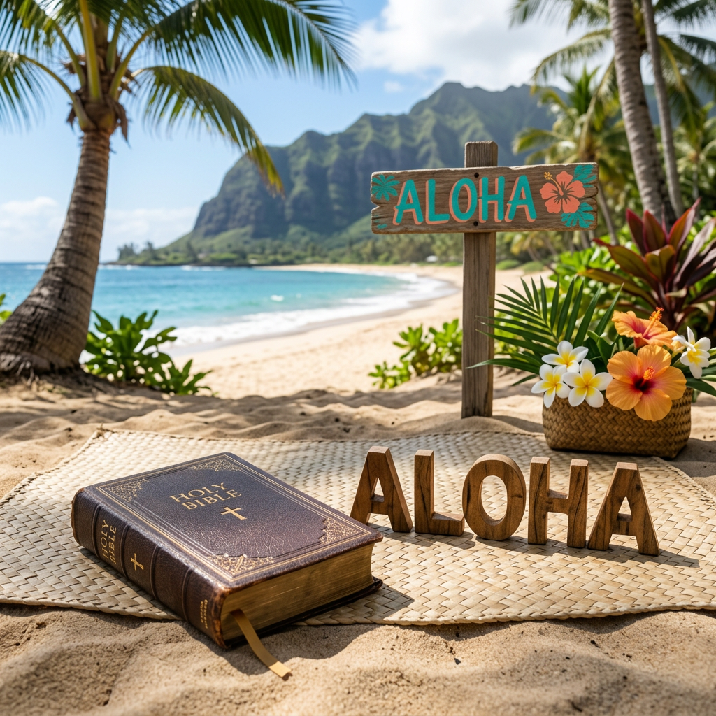Holy Bible and wooden aloha letters on mat at tropical beach with palm trees and ocean