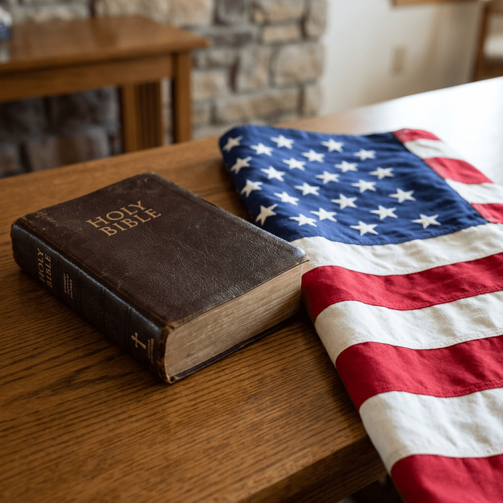 Holy Bible next to a folded United States flag on a wooden surface