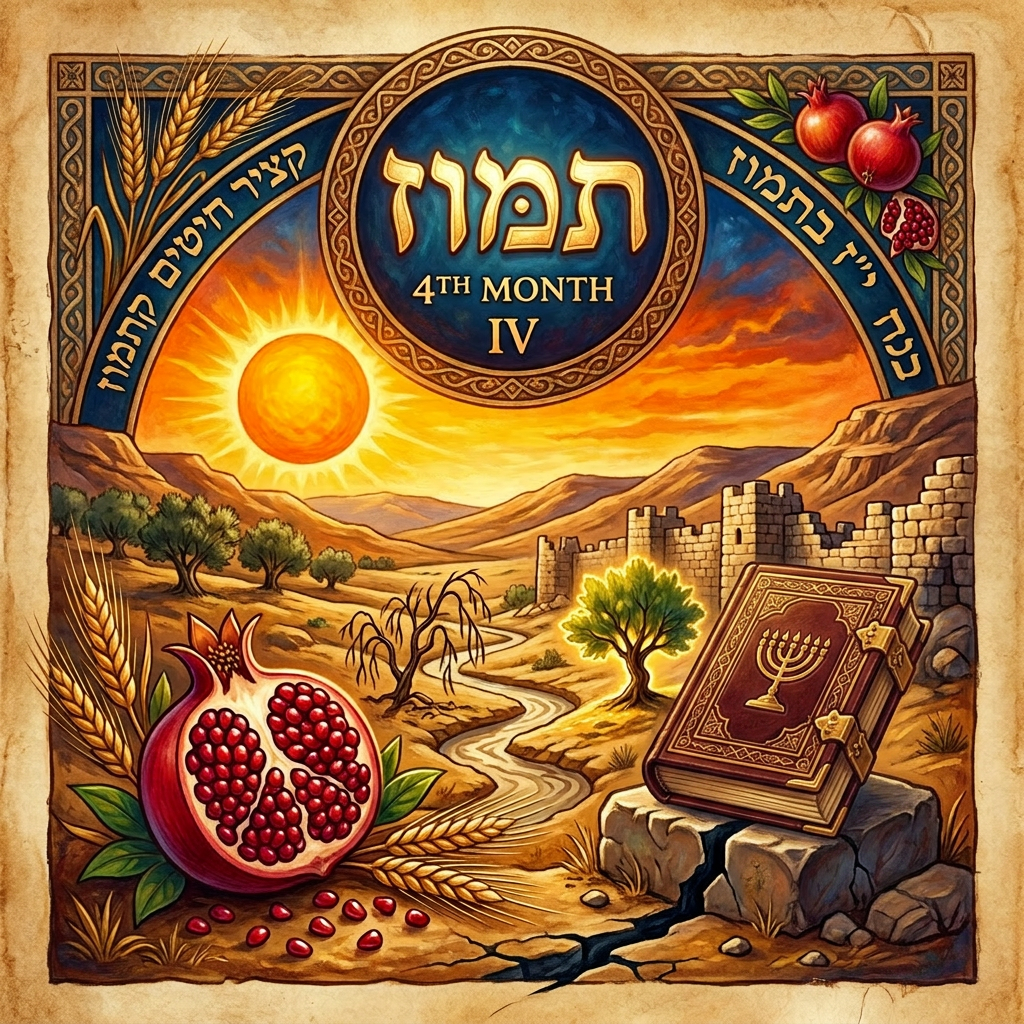 Artistic depiction of the Hebrew month Tammuz with pomegranate, wheat, sun, ancient walls, and musical instruments.