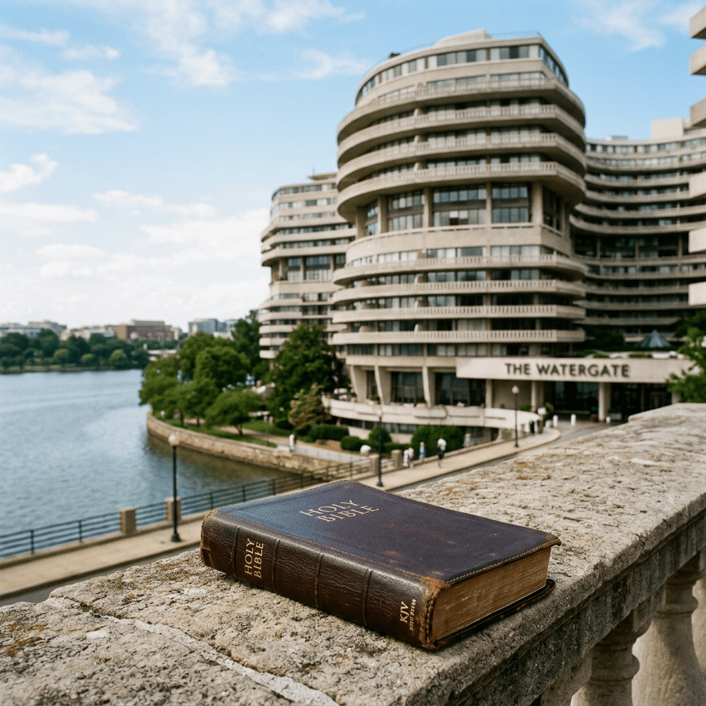 Holy Bible on stone ledge with Watergate building and river in background