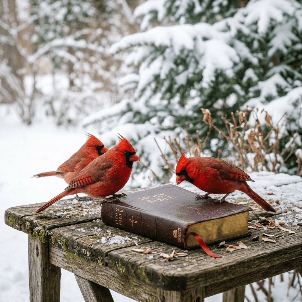 Three red cardinals standing on a Bible on a snow-dusted wooden table outdoors