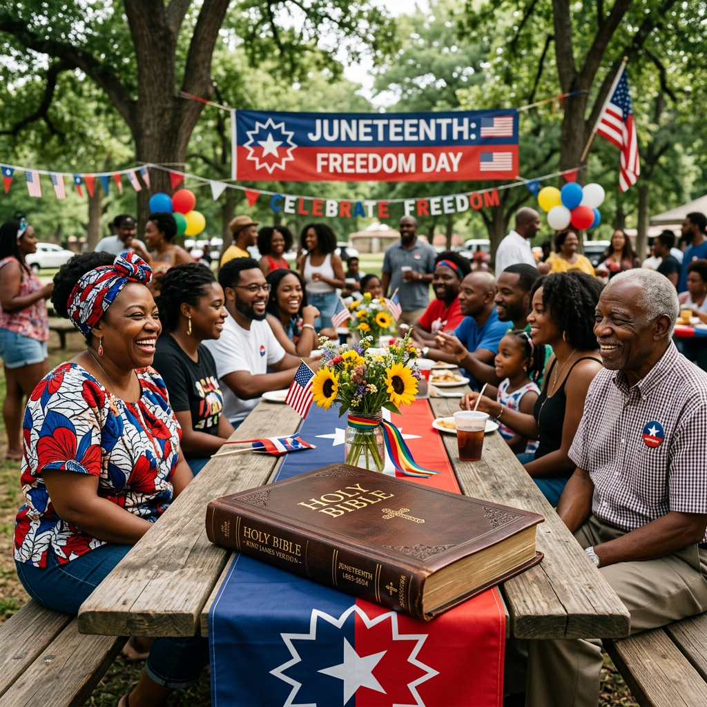 People gathered around a picnic table at a Juneteenth event with flags and decorations