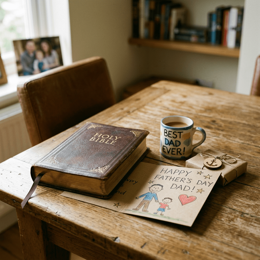 Father's Day card, wrapped gift, Bible, and 'Best Dad Ever!' coffee mug on wooden table