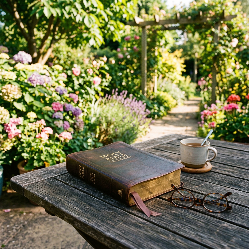 Bible, reading glasses, and cup of tea on wooden table in garden