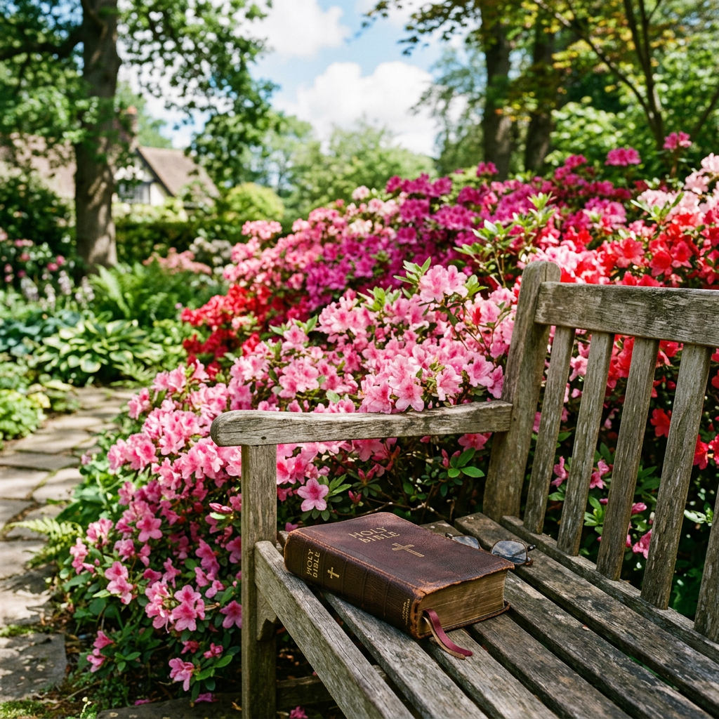 Wooden garden bench with a Bible and glasses next to pink and red azalea flowers