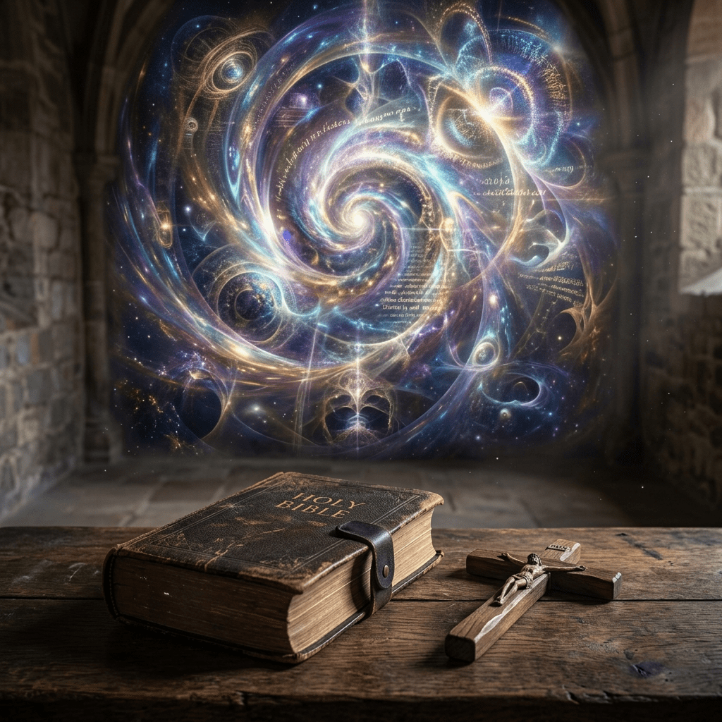An old Holy Bible and wooden crucifix on a wooden table with swirling cosmic energy and script in the background