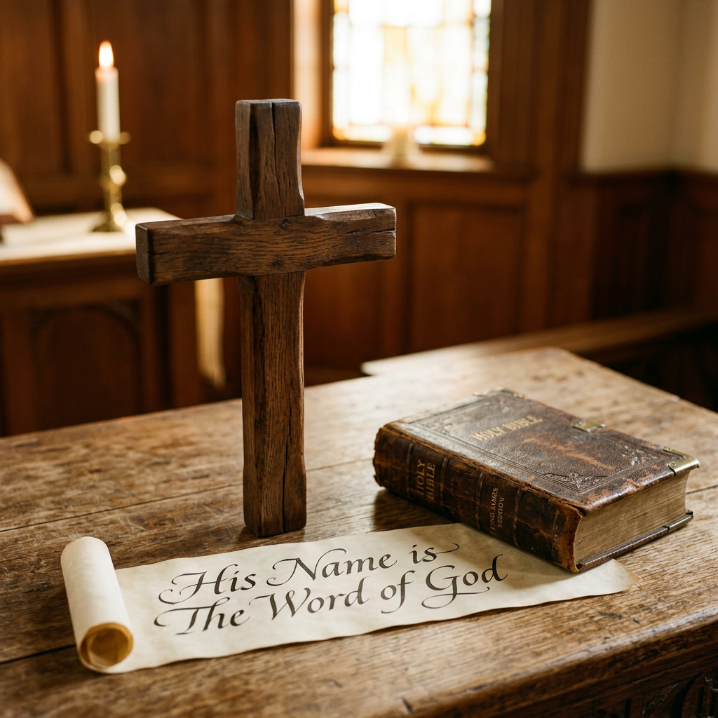 Cross, His Name is The Word of God, closed Bible