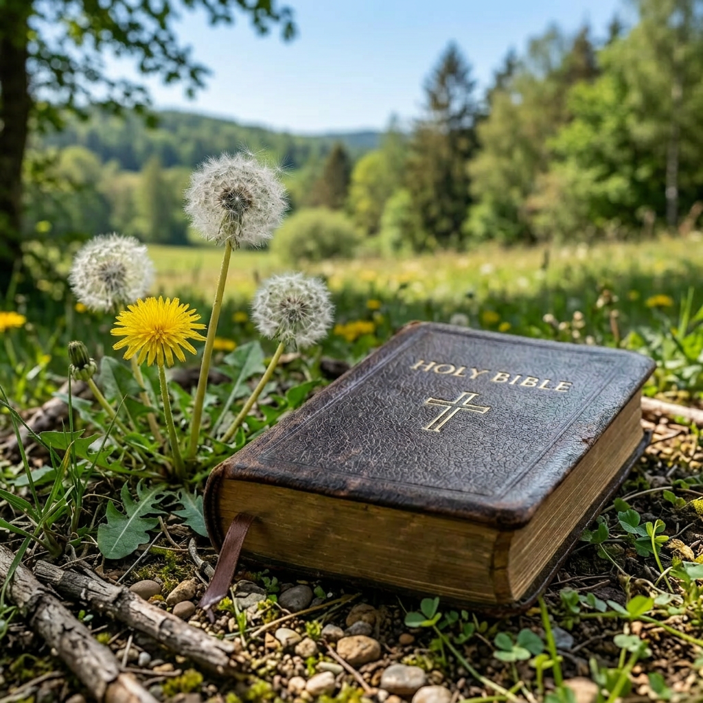 Worn Holy Bible with gold text and cross on rustic wooden table near growing dandelion plant