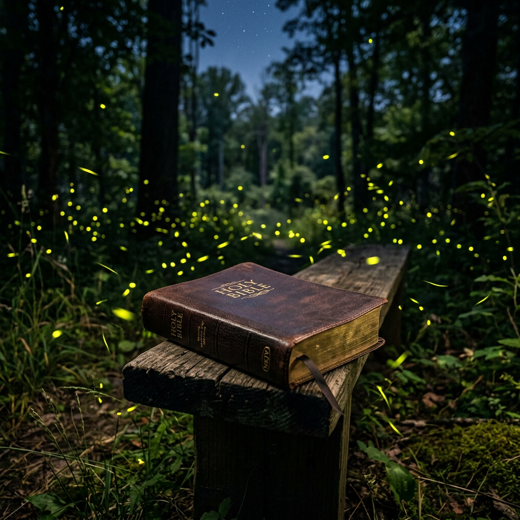 Holy Bible on wooden bench with fireflies glowing around in night forest