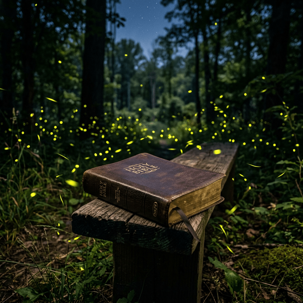 Holy Bible on wooden bench with fireflies glowing around in night forest