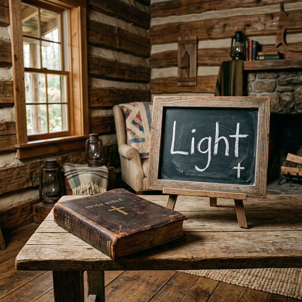 Rustic cabin interior with an old Holy Bible on a wooden table and a chalkboard displaying the word 'Light'