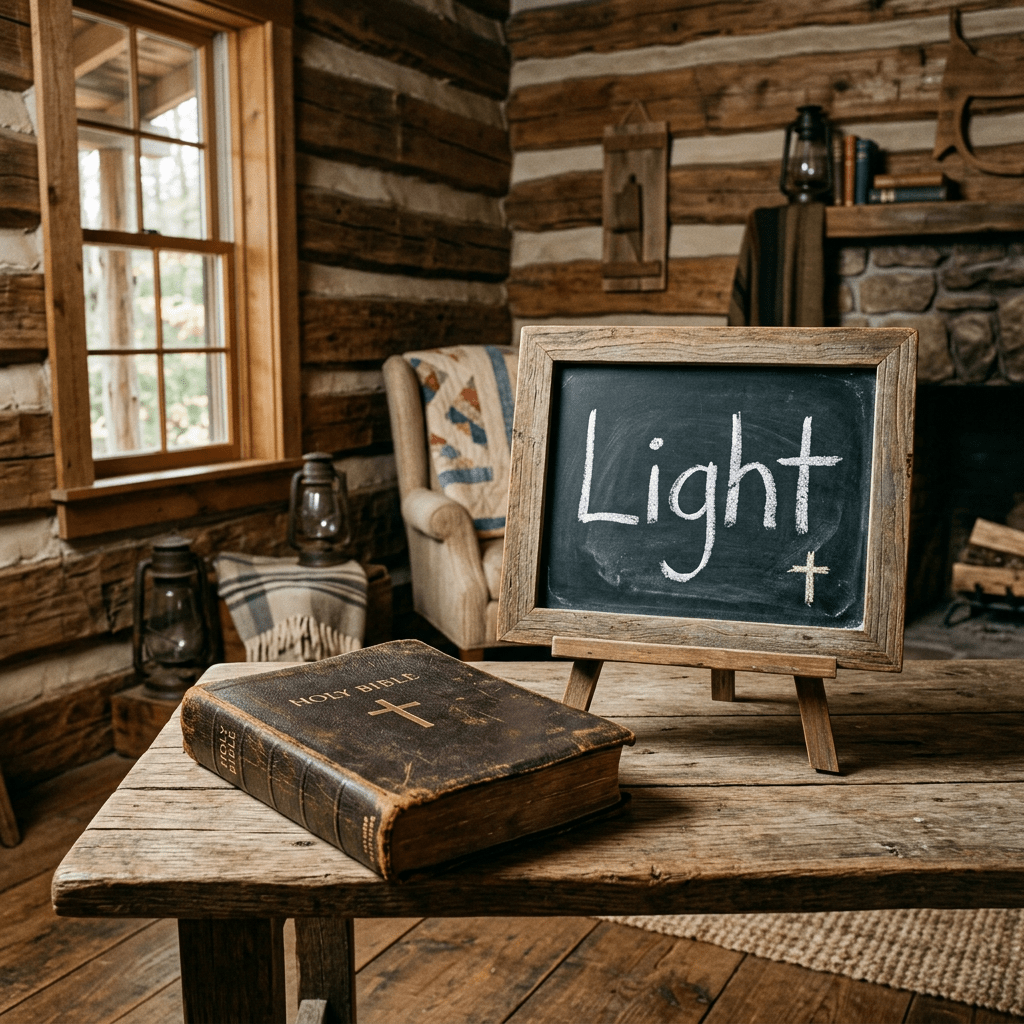 Rustic cabin interior with an old Holy Bible on a wooden table and a chalkboard displaying the word 'Light'