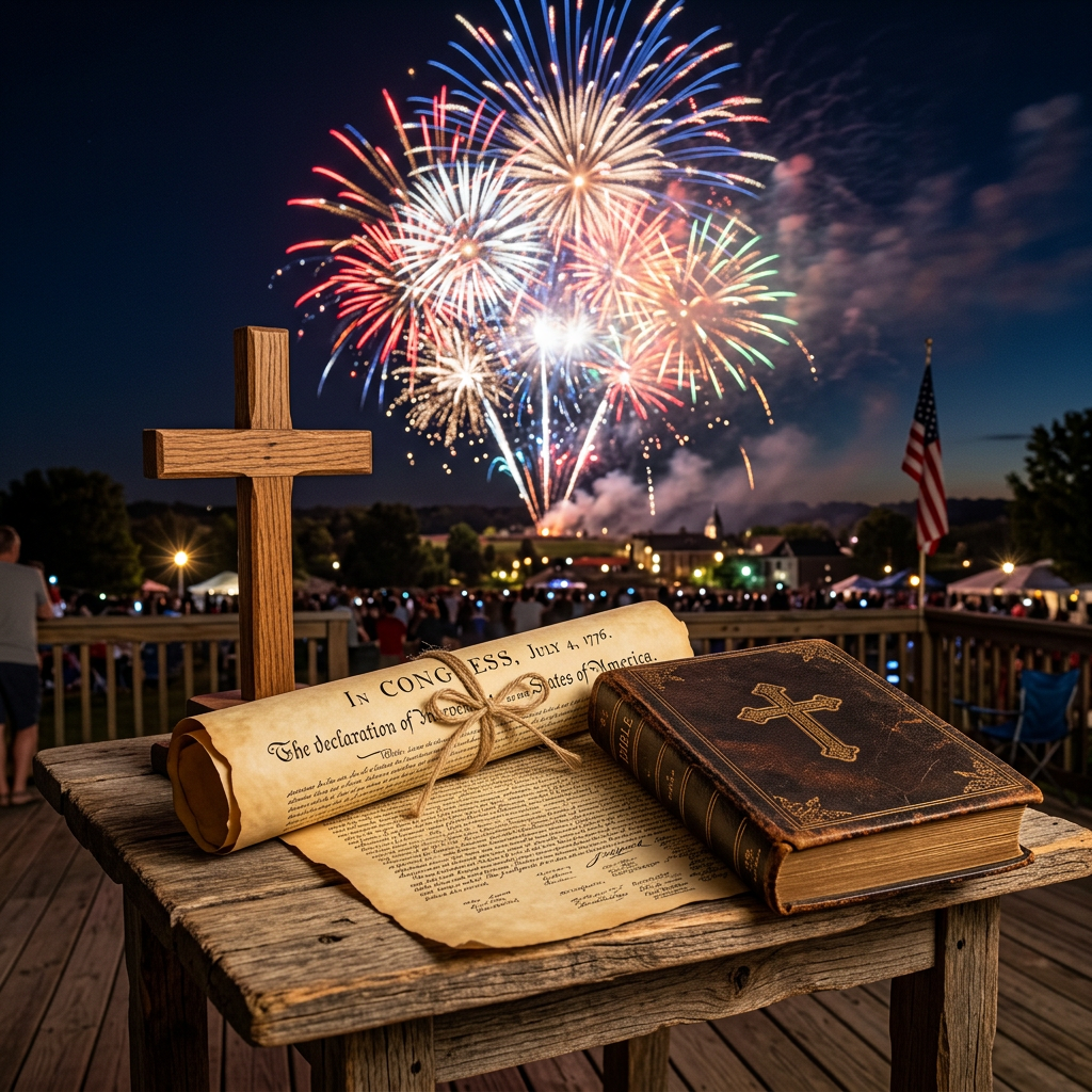 Wooden cross, Declaration of Independence scroll, and Bible on table with fireworks and American flag in background