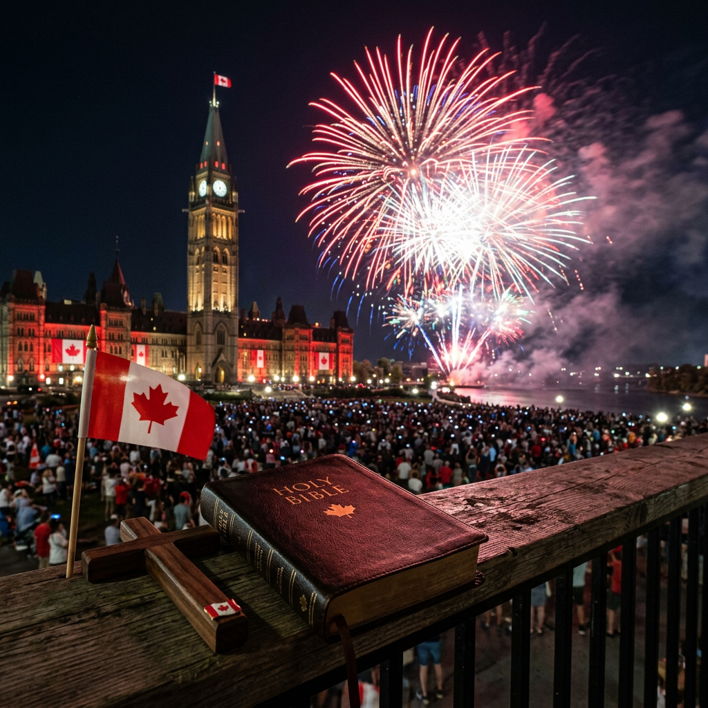 Fireworks display over illuminated Parliament Hill with a Holy Bible and Canadian flag in the foreground
