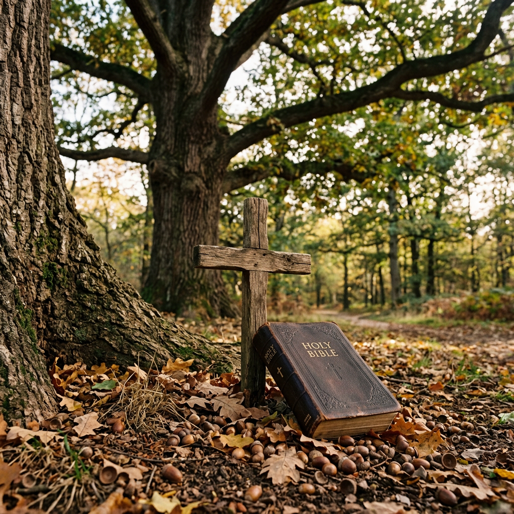 Wooden cross standing next to a Holy Bible on autumn leaves by a tree