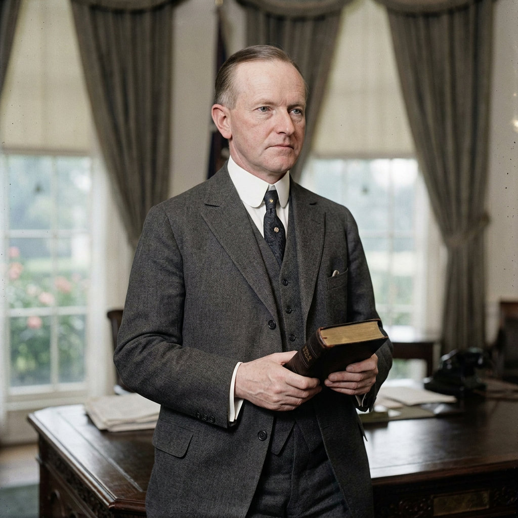 Man in gray suit holding a book standing in an office with large windows and curtains